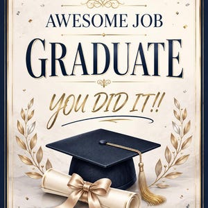 Może przedstawiać: Kartka gratulacyjna z okazji ukończenia szkoły z napisem AWESOME JOB GRADUATE YOU DID IT w kolorze ciemnoniebieskim i złotym. Czarny biret ze złotym chwostem oraz zwinięty dyplom przewiązany złotą wstążką znajdują się pod napisem.