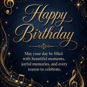 Op de afbeelding: Een donkerblauwe verjaardagskaart met de goudkleurige cursieve tekst Happy Birthday, gevolgd door de boodschap May your day be filled with beautiful moments, joyful memories, and every reason to celebrate, geaccentueerd door gouden muzieknoten.