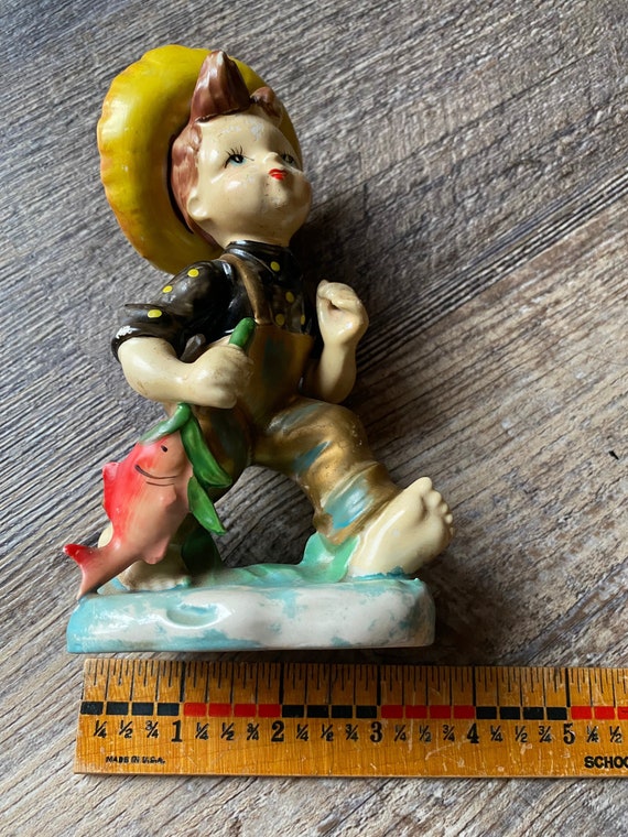 Vintage Mid-century Ucagco Ceramic Little Boy Fishing Figurine 