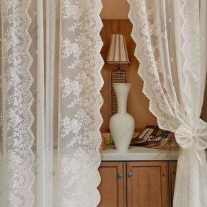 White Sheer Curtains, Shabby Chic Floral Pattern White Lace Curtains for Bedroom, French Style Rode Pocket Lightweight Window Drapes