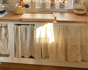 Beige Embroidered Short Curtain, Farmhouse Flower Hollow Half Curtains ,Small Window Curtain For Kitchen
