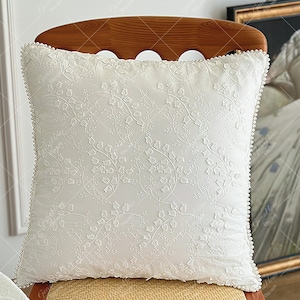 Embroidered Floral Pillow Cover: White Cotton Cushion Cover With Pearl Decor