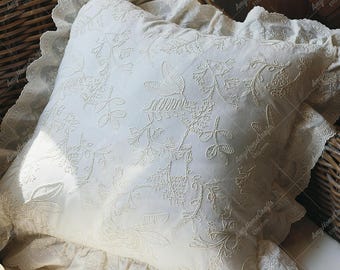 Embroidered Pillow Cover, Double-Sided Cotton Pillowcase with Ruffle,Vintage Square Cushion Cover