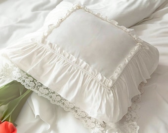 White Cotton Cushion Cover, Handmade Pillowcase with Ruffles For Sofa, Farmhouse Square Wedding Cushion Cover ,Home Décor