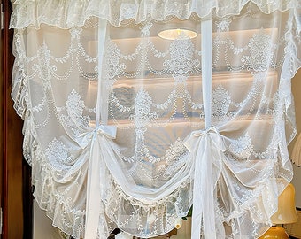 White Embroidered Sheer Curtain , Romantic Style Lace Tie Up Curtain with Scalloped Edges, Bedroom Decor