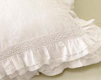 White Cotton Throw Pillow Covers, Ruffled Lace Cushion Covers For Sofa, Farmhouse Square Home Décor