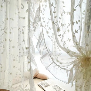 Elegant White Sheer Curtains with Delicate Floral Embroidery, Romantic Leaf Design Light-Filtering Curtains, Lace Curtain with Ruffles