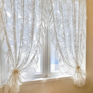 Delicate Floral Design Curtain, Vintage-Inspired White Lace Embroidery Curtains, Romantic Sheer Drapes with Ruffle Edge, Home Decor