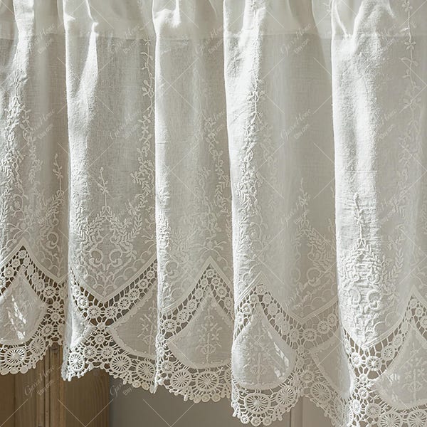 Embroidered Valance Curtains, Elgent Cotton Short Curtains For Kitchen，Rod Pocket Coffee Curtain