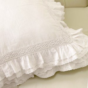 White Cotton Throw Pillow Covers, Ruffled Lace Cushion Covers For Sofa, Farmhouse Square Home Décor