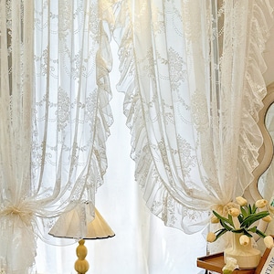 White Embroidered Sheer Curtain, Romantic Lace Curtain with Ruffled Edge, Elegant Light Filtering Window Curtain for Bedroom