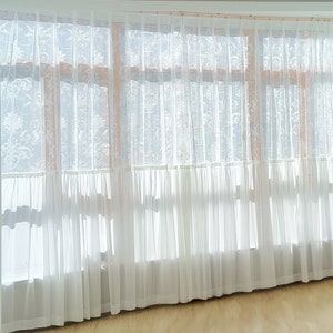 Chic White Embroidered Sheer Curtain, White Light Filtering Curtains, Spliced Curtains for Living Room, Classic Lace Embroidered Curtains