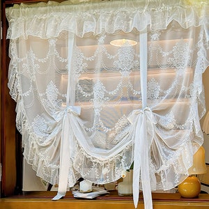 White Embroidered Sheer Curtain , Romantic Style Lace Roman Shade with Scalloped Edges, Bedroom Decor