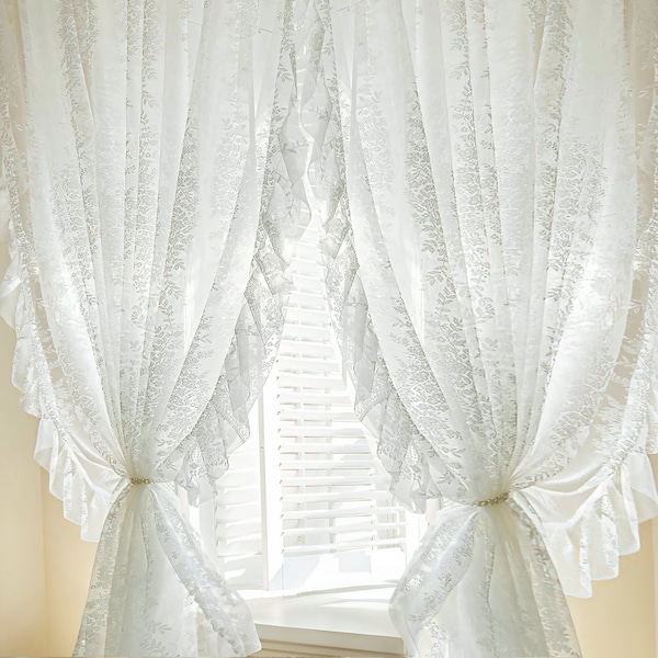 Voilage blanc, rideaux brodés shabby chic à volants, tenture semi-transparente passe-tringle pour chambre à coucher