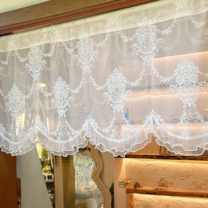 White Embroidered Lace Valance Curtain, Elegant Light Filtering Short Window Curtain with Ruffled Edge