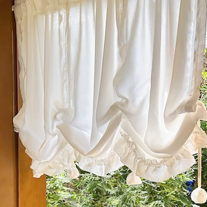 White Tie-Up Balloon Curtain: Romantic Embroidered Shade Valance