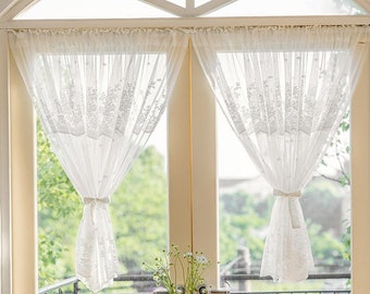 White Lace Short Curtain For Kitchen  , Rod Pocket Cafe Curtains