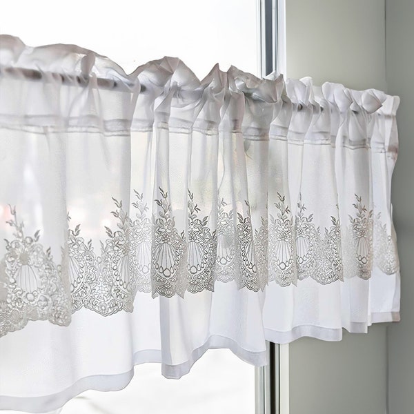 Rideau transparent brodé blanc, rideau en dentelle romantique avec cantonnière, traitements de fenêtre