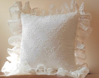 White Lace Cushion Covers,  French Style Florals Embroidered  Pillow Covers For Wedding, Shabby Chic Decorative