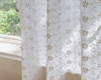 Cortina bordada blanca, cortina semitransparente floral de algodón 3D estilo granja, cortinas de dormitorio