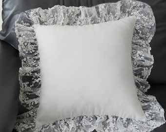 White lace pillow cover for wedding, Square cotton pillowcase with ruffle , sofa bedroom cushion cover, Home decor