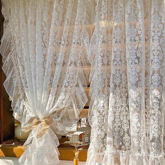 NewWPKIRA Tenda in pizzo trasparente, stile principessa francese, con ricamo floreale, con volant, per camera da letto e soggiorno, 2 pannelli ( bianco, larghezza 140 x lunghezza 240 cm, 2 pannelli