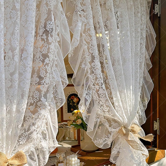 French Style Lace Curtains With Embroidered Florals and Ruffled Edges Chic White Short Curtains Romantic Light Filtration Cafe Curtains Etsy UK