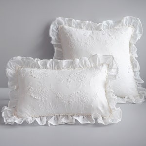 Federa in pizzo bianco, federe per cuscini ricamate in 3D con foglie in stile francese per matrimonio, federe per cuscini decorative shabby chic