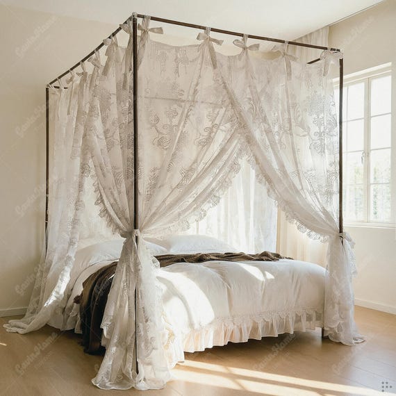 Romantic Lace Canopy Bed Curtains, Sheer Floral Drapes, Tie Top Princess Bedding