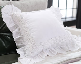 White Cotton Jacquard Pillow Covers, Ruffled Lace Cushion Covers For Sofa Farmhouse Square Home Décor