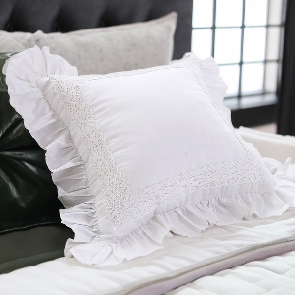 White Cotton Jacquard Pillow Covers, Ruffled Lace Cushion Covers For Sofa Farmhouse Square Home Décor