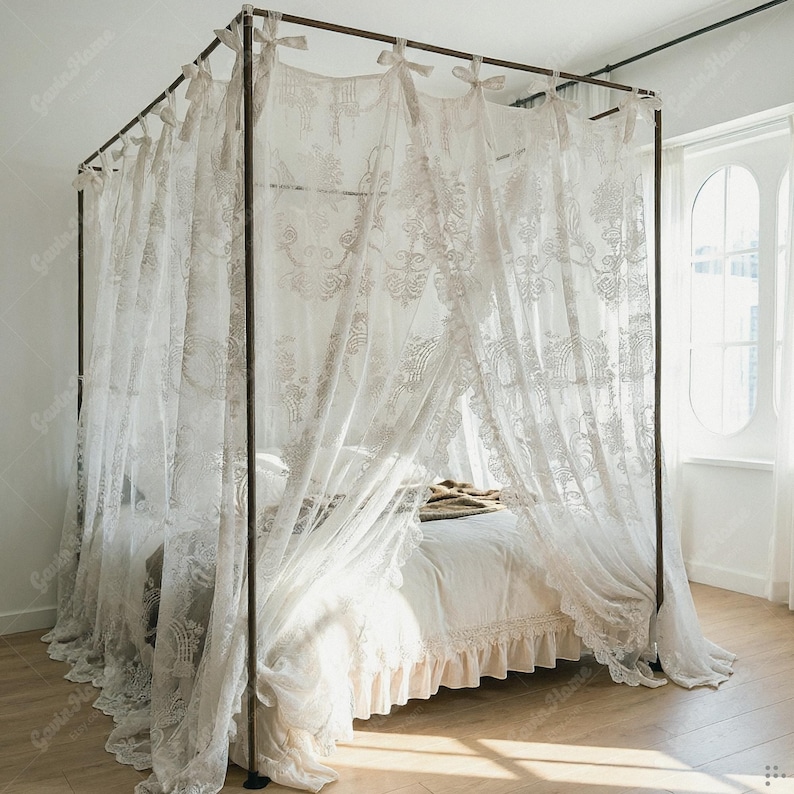 Romantic Lace Canopy Bed Curtains, Sheer Floral Drapes, Tie Top Princess Bedding C01
