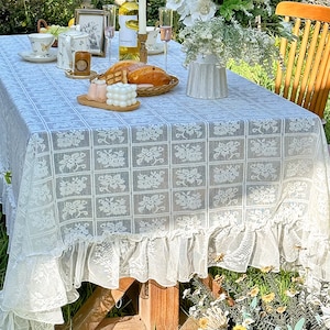 White Floral Tablecloth, French Style Embroidered Lace Rectangular Table Cover with Ruffles, Wedding Table Decor