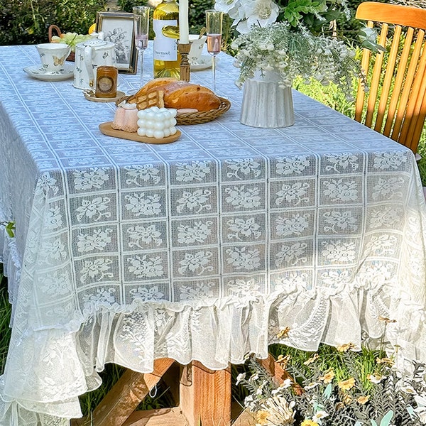 Nappe florale blanche, couverture de table rectangulaire en dentelle brodée de style français avec volants, décoration de table de mariage