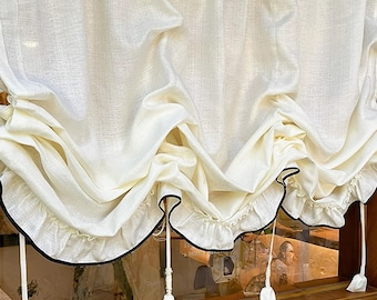 Vintage Style Cream Pull-Up Curtain with Black Trim for Living Room, Elegant Adjustable Height Tie Up Curtains, Chic Short Curtains