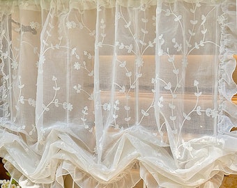 White Lace Pull-Up Curtain with Floral Embroidery, Elegant Adjustable Height Sheer Curtain, Romantic Balloon Short Curtain,  Tie Up Curtains