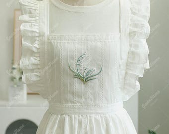 Embroidered Cotton Apron: Lily of the Valley Apron With Lace Trim