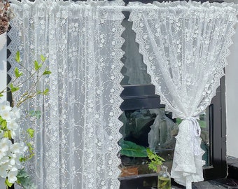 White Embroidered Short Curtain,Countryside Style 3D Floral  Cotton Drapes For Small Window, Natural Home Decor