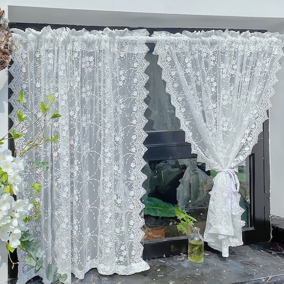 White Embroidered Short Curtain countryside Style 3D Floral Cotton