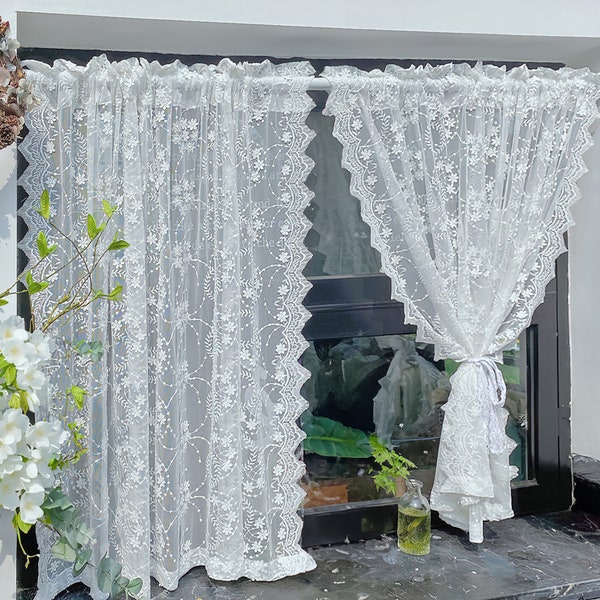 White Embroidered Short Curtain,Countryside Style 3D Floral  Cotton Drapes For Small Window, Natural Home Decor