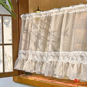 Romantic Lace Sheer Short Curtain For Kitchen, Farmhouse Light Diffusing Short Curtain, Elegant Sheer Curtain with Ruffles