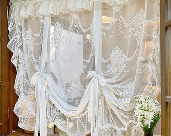 Embroidered Sheer Curtain: Romantic Lace Tie-Up with Scalloped Edges