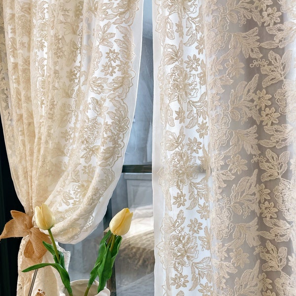 Floral Lace Curtain, Vintage Garden Pattern Curtains, Elegant Privacy Sheer Drapery, Romantic Light Diffusing Curtain