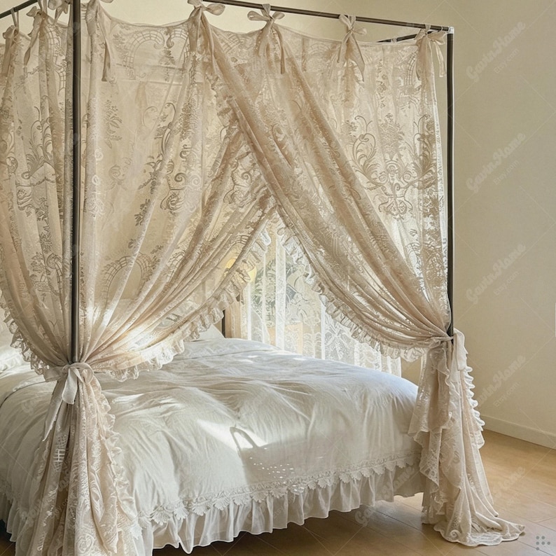 May include: A beige canopy bed with intricate lace curtains and a white bedspread. The curtains are draped elegantly, creating a romantic and airy atmosphere. The bed frame is a dark metal, and the overall style is vintage and elegant.