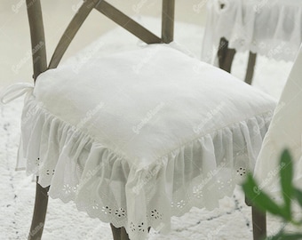 Embroidered Cotton Chair Pads with Ties: Ruffled Seat Cushions