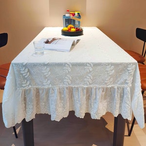 White Lace Wedding Tablecloth, Floral Embroidered Tablecloth with Ruffles, Customizable Round/Rectangle/Square Party Tablecloth, Table Decor
