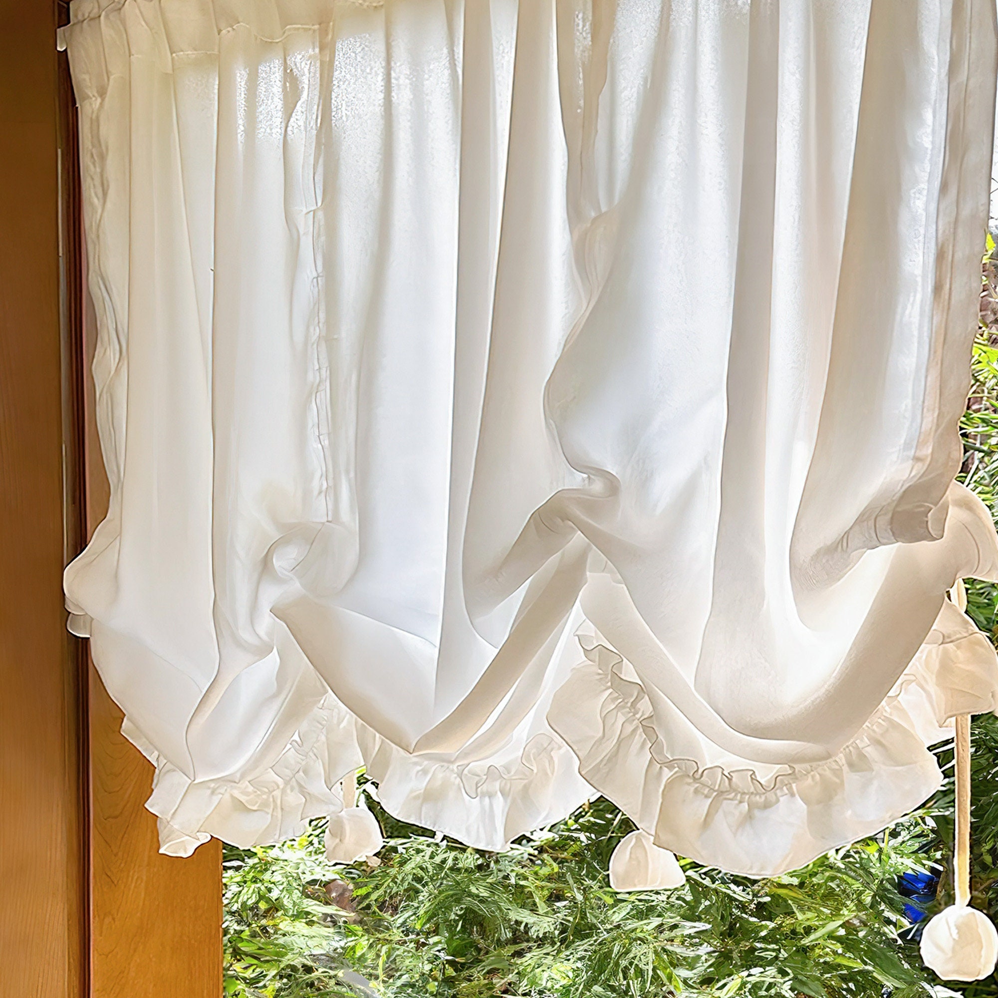 White Tie Up Curtain, Romantic Adjustable Balloon Curtains for Living Room ,Rustic Light Filtering Tie-up Shade Valance,Rod Pocket 1 Panel