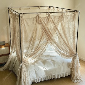 Romantic Lace Canopy Bed Curtains, Sheer Floral Drapes, Tie Top Princess Bedding image 6