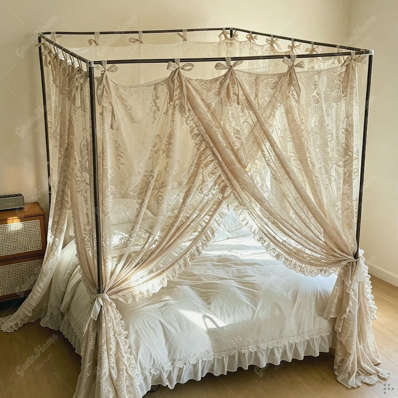 Romantic Lace Canopy Bed Curtains, Sheer Floral Drapes, Tie Top Princess Bedding image 6