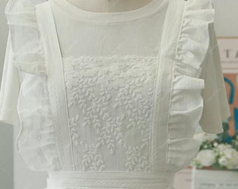 Cotton Embroidered Apron, Elgent Ruffled Kitchen Apron with Pockets